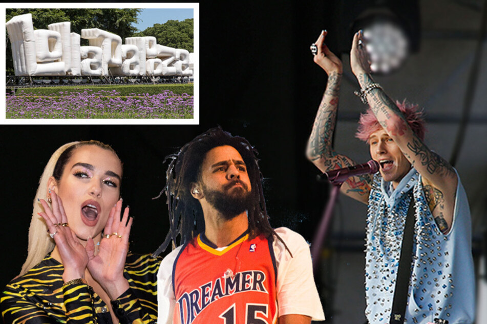 Dua Lipa (l.), J. Cole (c.), and Machine Gun Kelly (r.) are all headline Lollapalooza this year.