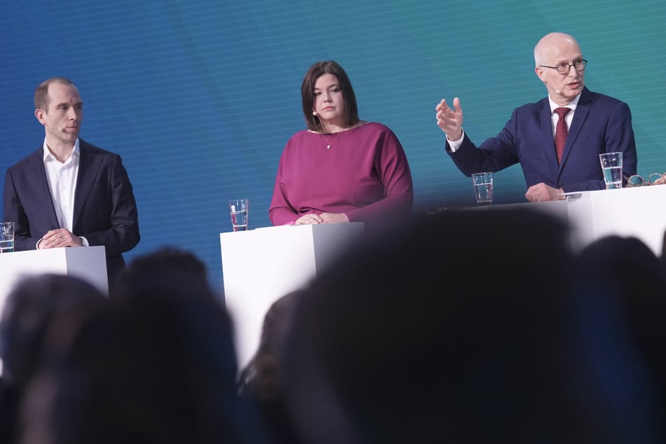 Dennis Thering (CDU, v.l.n.r.), Katharina Fegebank (Grüne) und Peter Tschentscher (SPD) treffen erneut aufeinander.