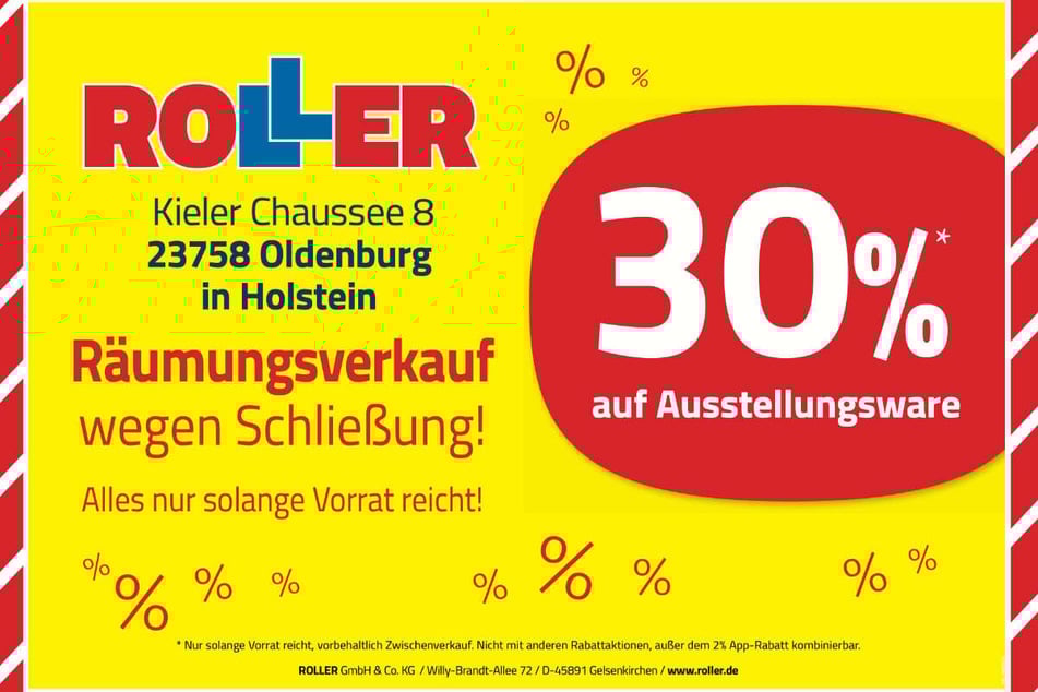 Während des Räumungsverkaufs bei ROLLER in Oldenburg gibt's jetzt 30 Prozent Nachlass beim Möbelkauf.¹