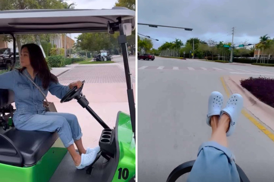 Verona Pooth (53) kombiniert für eine Spritztour mit dem Golf-Cart einen lässigen Jeans-Overall mit praktischen Crocs.