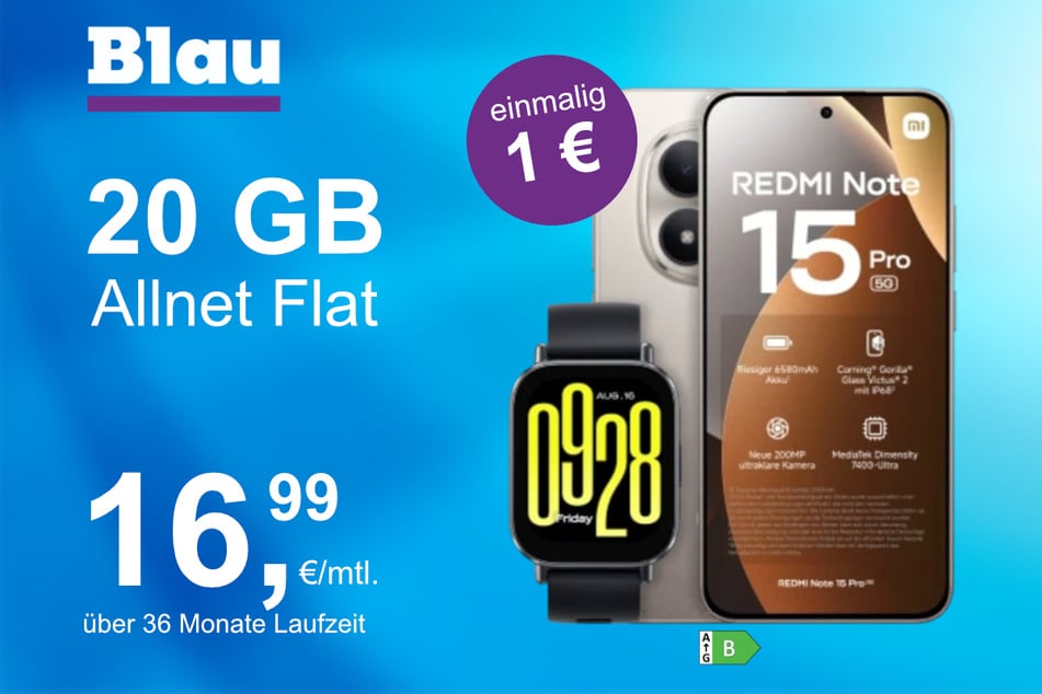 Das Xiaomi Redmi Note 15 Pro 5G + Redmi Watch 5 Lite im Blau Allnet M für einmalig 1 Euro.