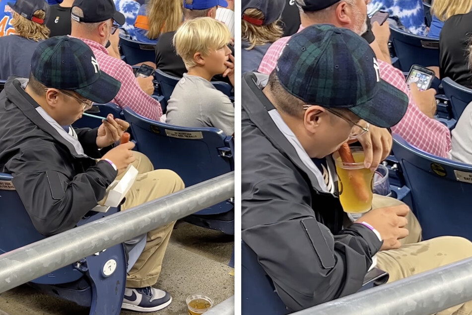 Ein Baseball-Fan bastelte sich einen Fleisch-Strohhalm, um sein Bier im Stadium zu trinken.