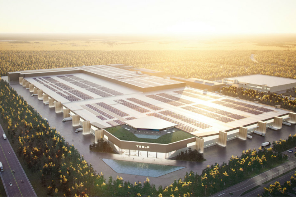 Das von Tesla zur Verfügung gestellte Handout zeigt eine graphische Darstellung der Tesla Gigafactory Berlin in Grünheide.