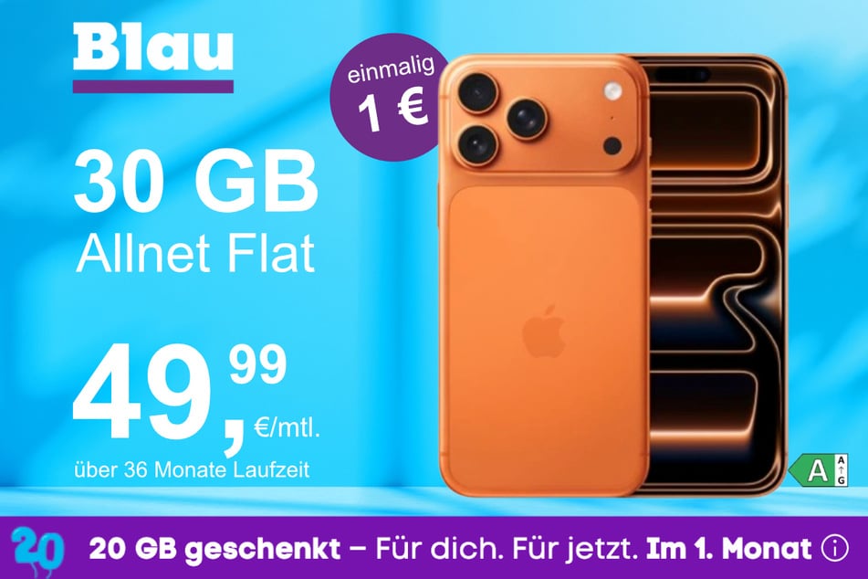 Das brandneue iPhone 17 Pro im Blau Allnet L für einmalig 1 Euro.