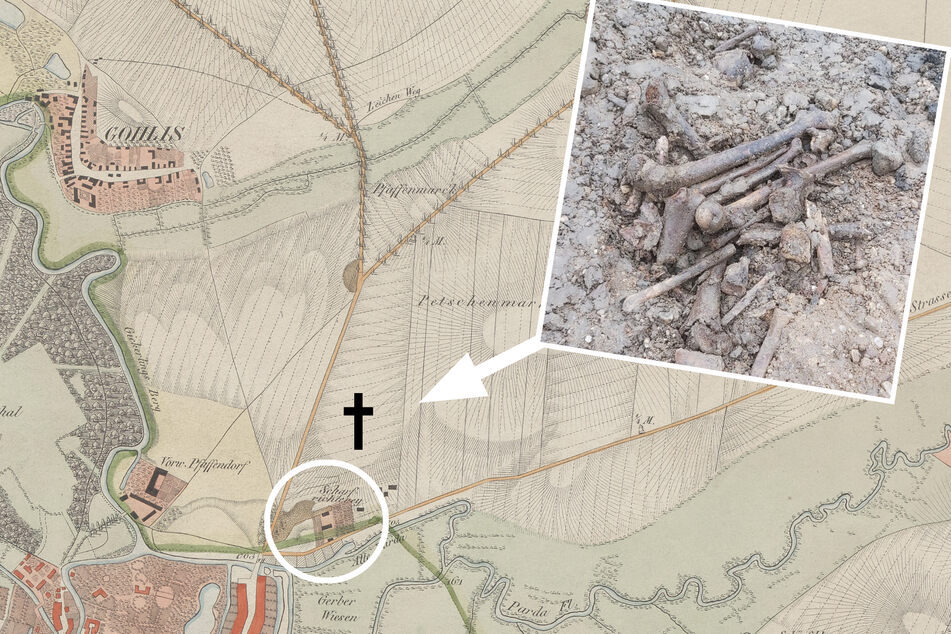 Auf dieser Karte von 1832 ist die "Neue Scharfrichterey" (Kreis) eingezeichnet, ganz in der Nähe (Kreuz) wurden jetzt Knochen und Schädel gefunden.