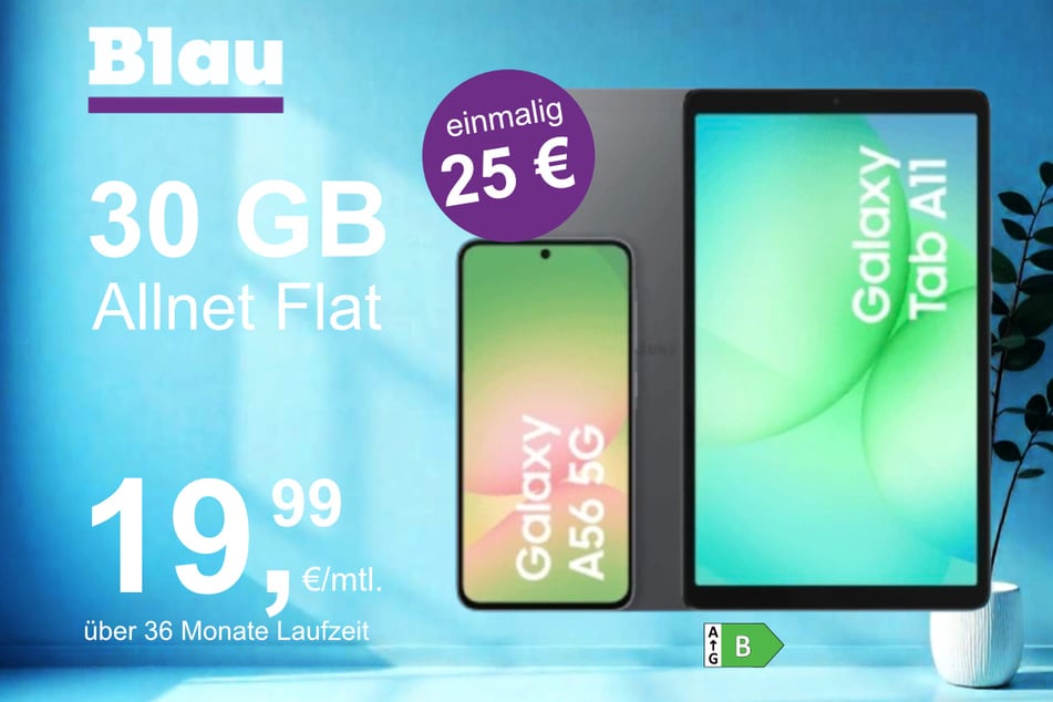Das Samsung Galaxy A56 + Tab A11 im Blau Allnet L für einmalig 25 Euro.