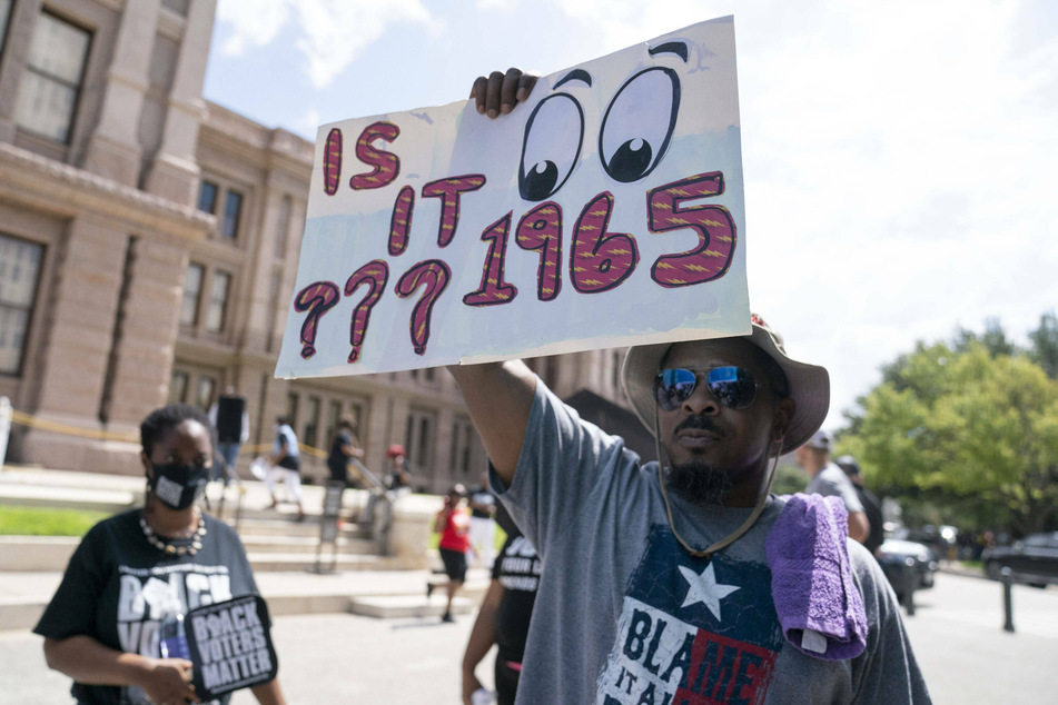 Black Voters Matter protesters gather outside the Texas Capitol to protest the state's GOP-priority elections law.