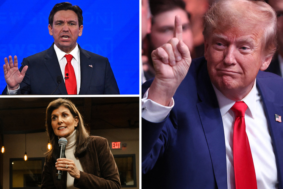 Can Ron DeSantis (top l.) and Nikki Haley (bottom l.) beat Donald Trump (r.) in the early Republican primary elections?