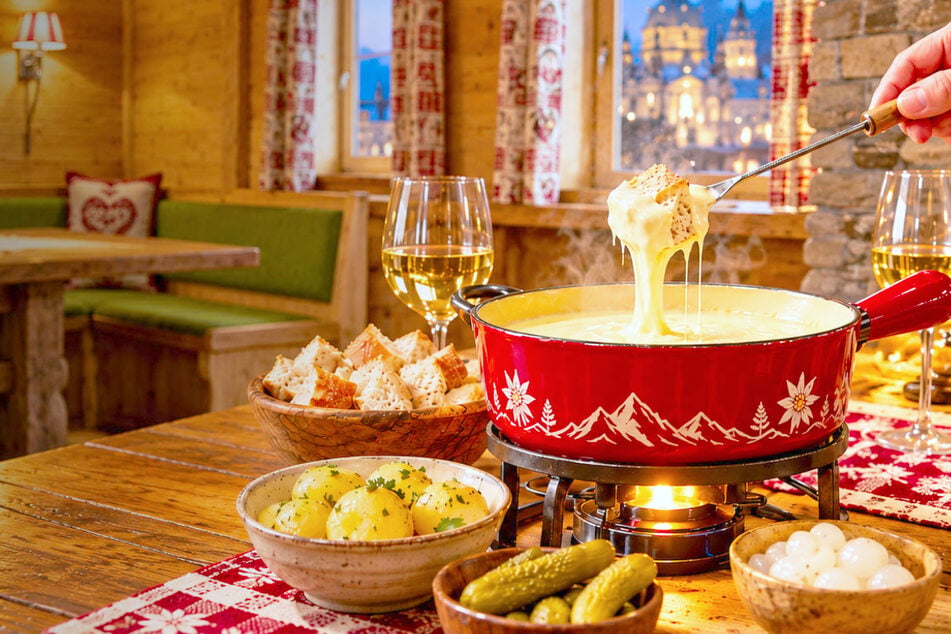Zahlreiche Zutaten können beim Fondue in den Topf mit geschmolzenem Käse getaucht werden.