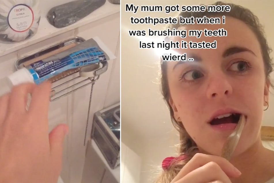 Frau wundert sich über Zahnpasta-Geschmack, dann merkt sie, was sie da im Mund hat