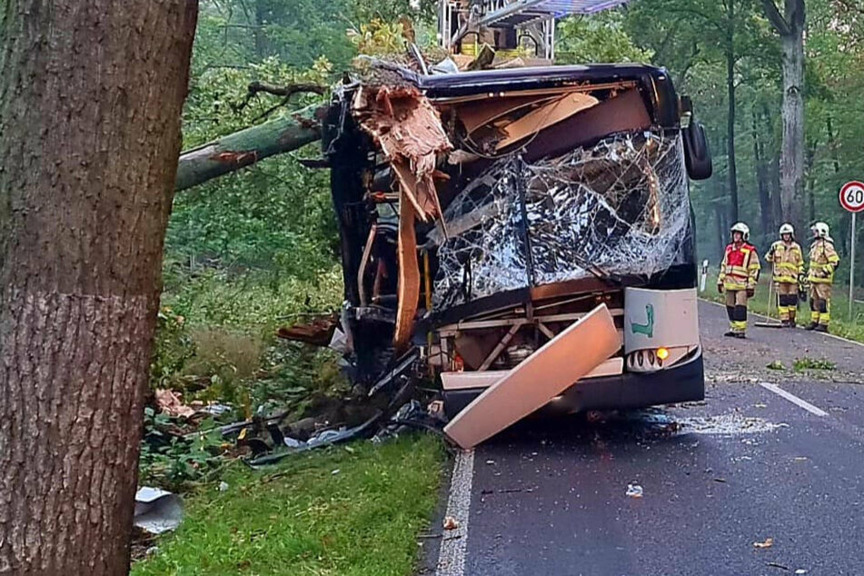 Linienbus kommt von Fahrbahn ab und senst zwei Bäume um