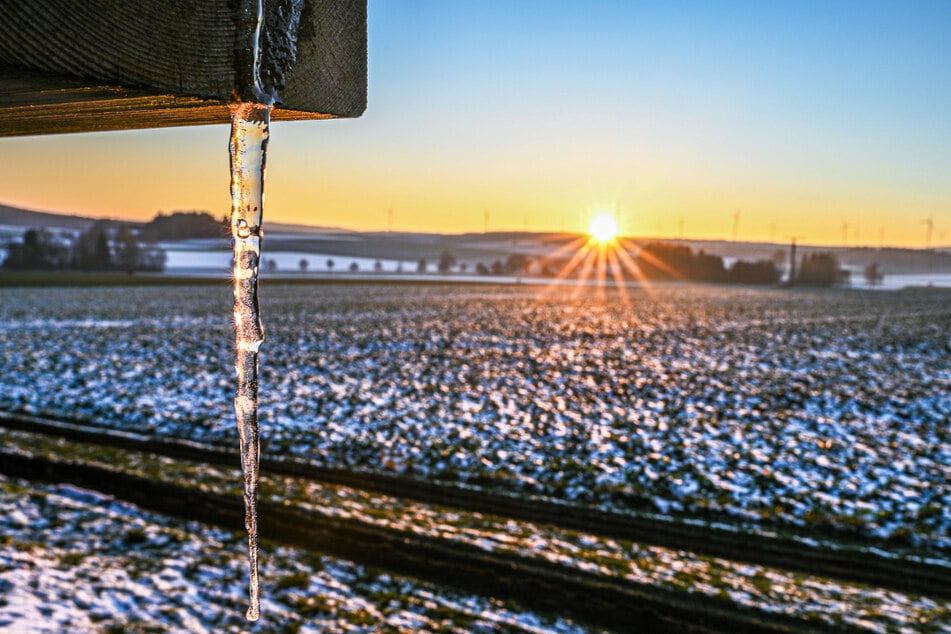 Ein Eiszapfen wird am späten Nachmittag von der untergehenden Sonne in Bartholomä (Baden-Württemberg) angestrahlt.
