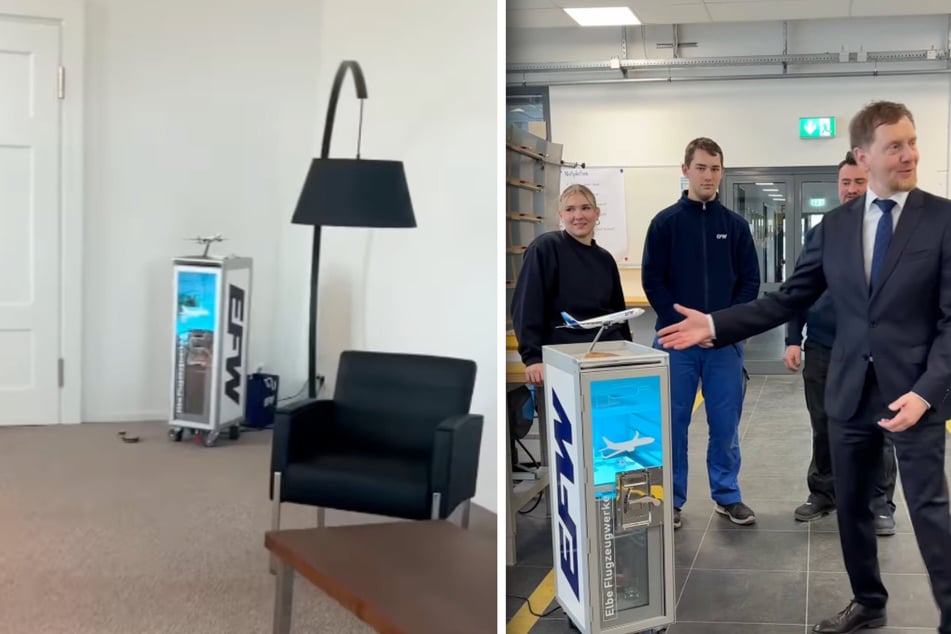 Begeisterung pur: Sachsens MP Michael Kretschmer (51, CDU) kann sein Büro nun mit einem beleuchteten Flugzeugtrolley schmücken.