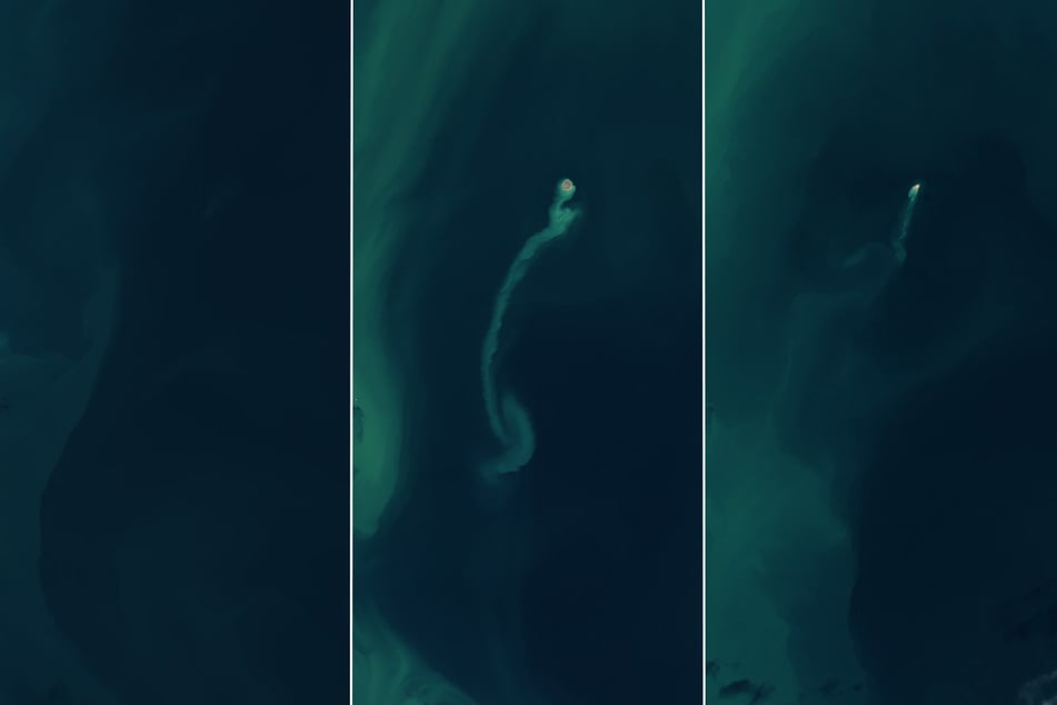 Die Bildmontage zeigt die Entwicklung der Insel. Links: 18. November 2022, Mitte: 14. Februar 2023, rechts: 25. Dezember 2024.