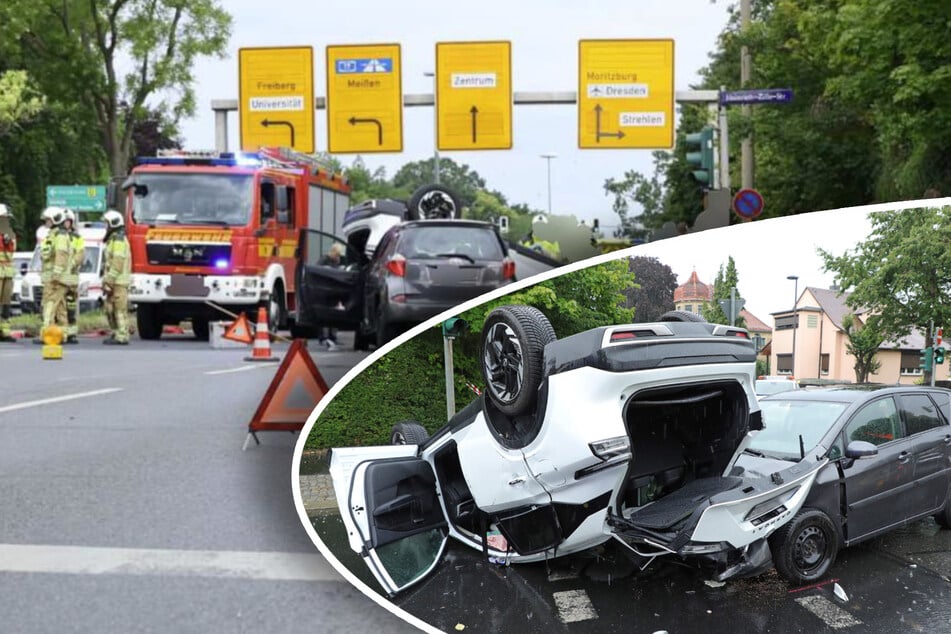 Schwerer Unfall in Dresden-Strehlen: Nissan überschlägt sich, drei Personen verletzt