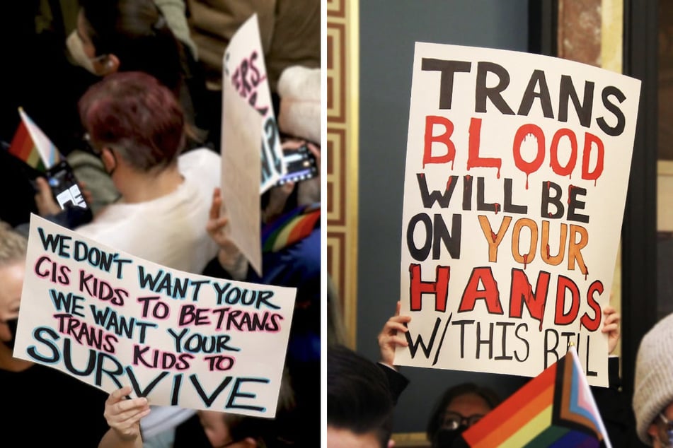 Iowans gather at the State Capitol to protest legislation that would remove civil rights protections for transgender people.