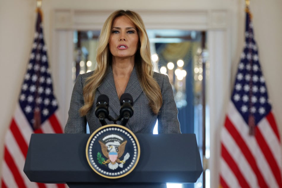 First lady Melania Trump delivers a statement in the Grand Foyer of the White House on Thursday in Washington, DC.