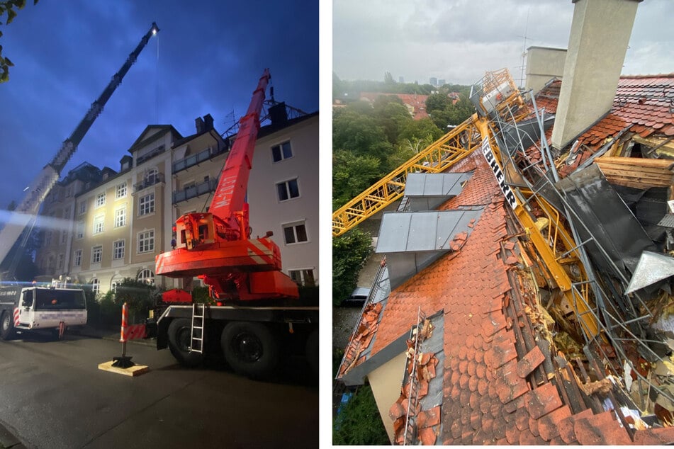 Der Kran beschädigte die Dachgeschosswohnungen schwer. Noch in der Nacht begannen die Rettungskräfte mit den Aufräumarbeiten.