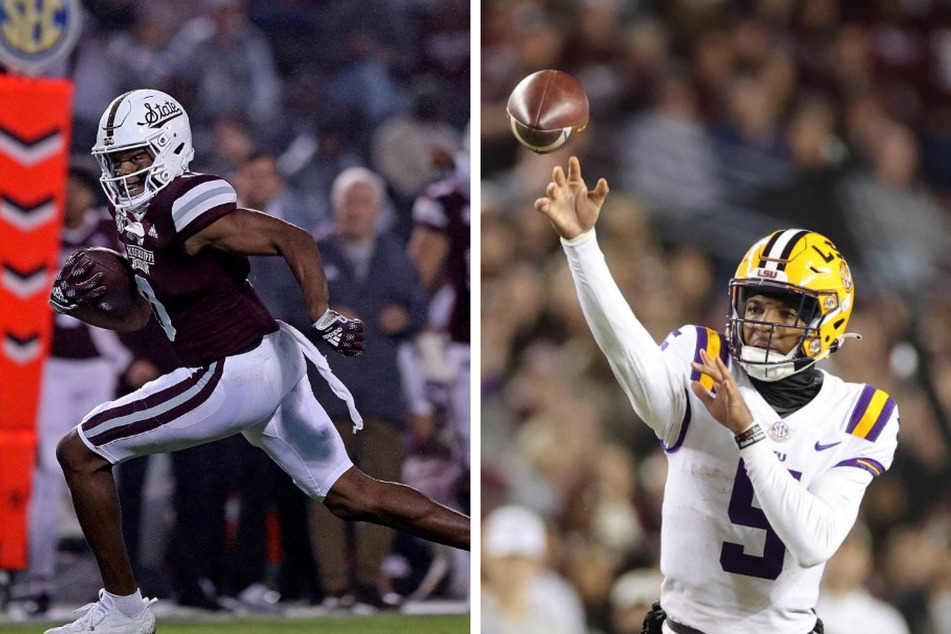 Mississippi State's leading receiver Rara Thomas (l) is headed to Georgia and LSU's Jayden Daniels is returning for another year of college football.