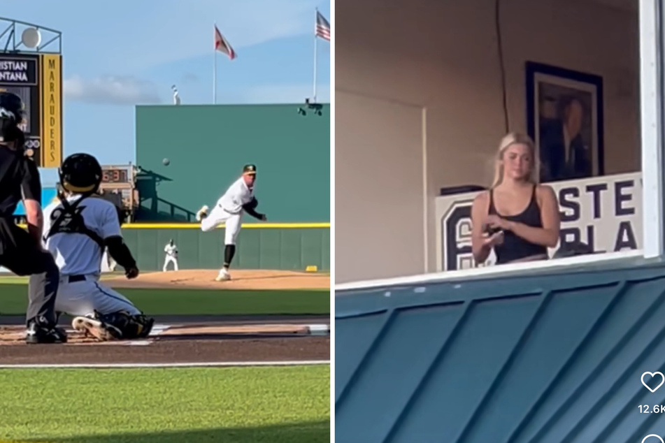 Olivia Dunne has been caught under the dating spotlight yet again after being seen (r.) at Paul Skene's minor league baseball game on Tuesday night.