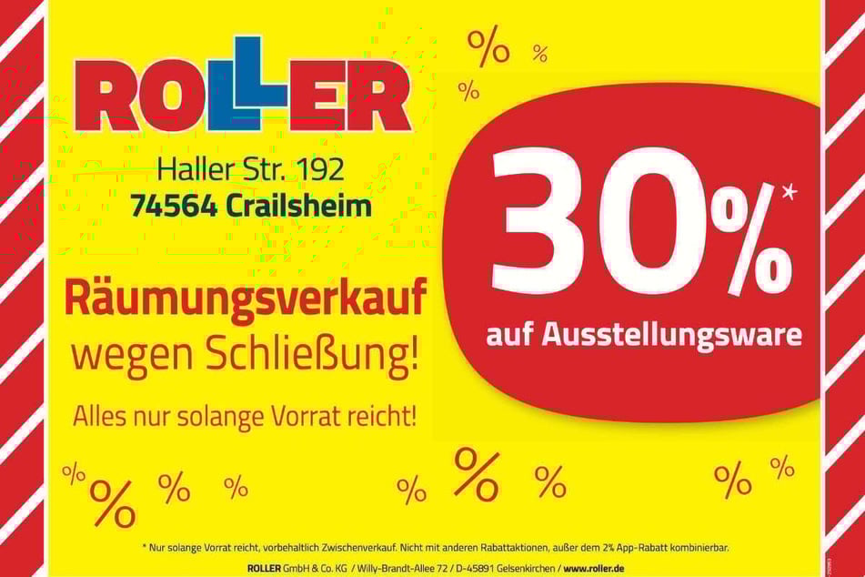 Während des Räumungsverkaufs bei ROLLER in Crailsheim warten jetzt 30 Prozent Nachlass beim Möbelkauf.¹