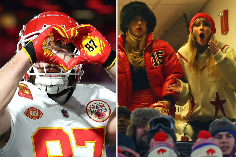 Travis Kelce put up Taylor Swift's famous heart-hand pose after scoring a touchdown in Sunday's Chiefs-Bills playoff game.