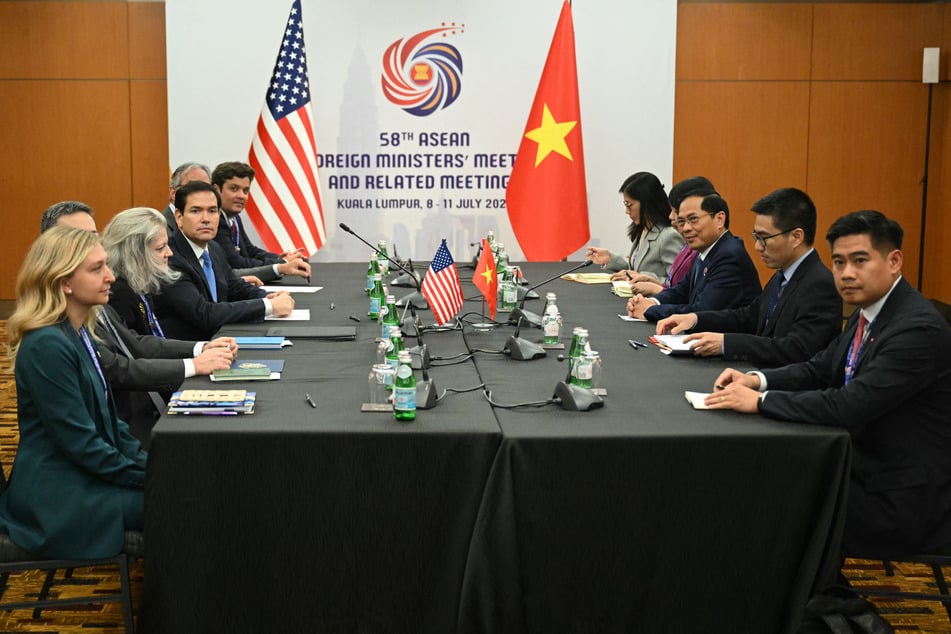 US Secretary of State Marco Rubio (4th L) meets with Vietnam's Foreign Minister Bui Thanh Son (3rd R) during the 58th ASEAN Foreign Ministers’ meeting and related meetings at the Convention Centre in Kuala Lumpur on Friday.