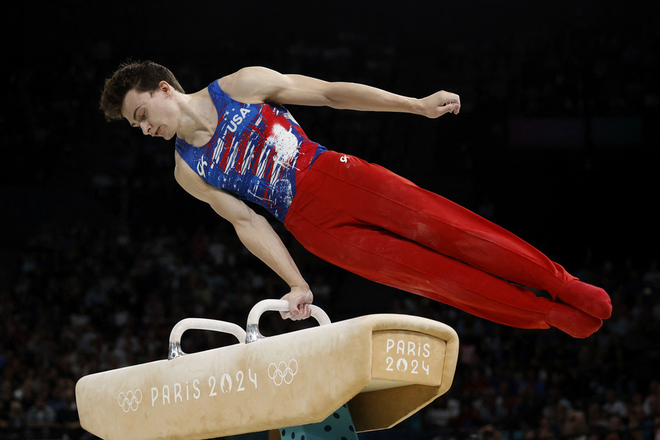 Stephen Nedoroscik of Team USA in action on the pommel horse at the Paris Olympics.