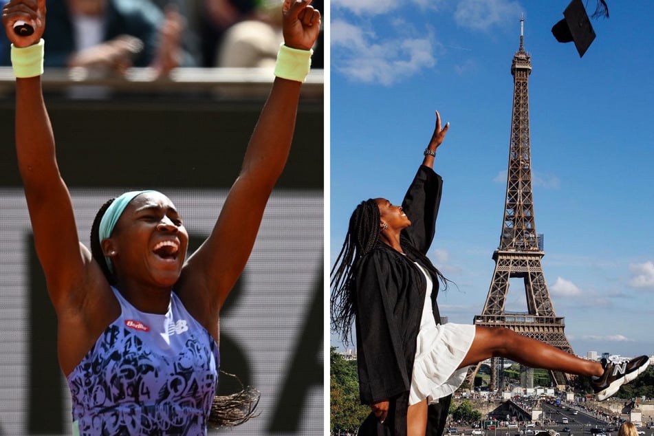 Coco Guaff celebrated both her French Open quarterfinal win (l.) and high-school graduation (r.) in Paris, France.