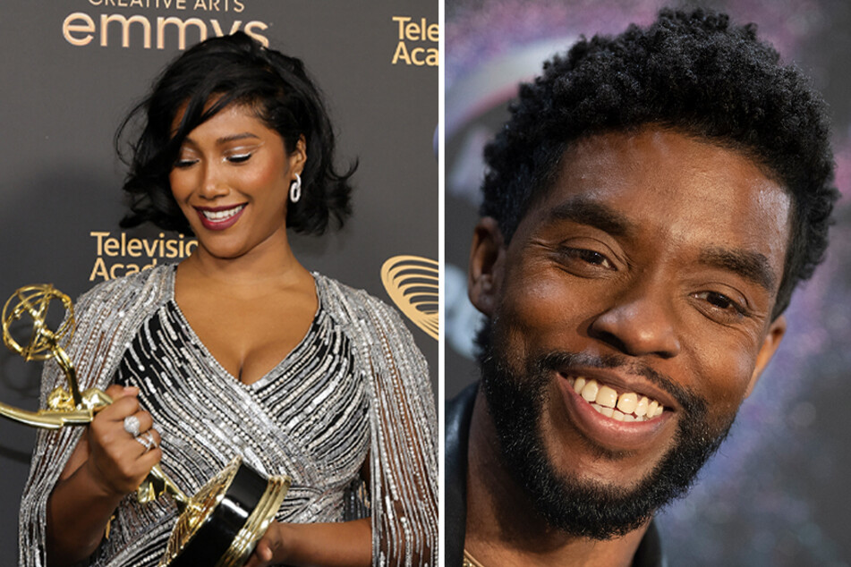 Taylor Simone Leonard Boseman (l) was all smiles in the press room at the Creative Arts Emmy Awards in Los Angeles.
