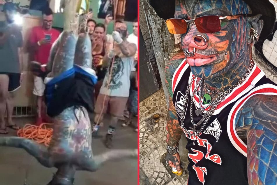 Ink and body mod addict tattoos eyeballs and suspends himself from knee hooks