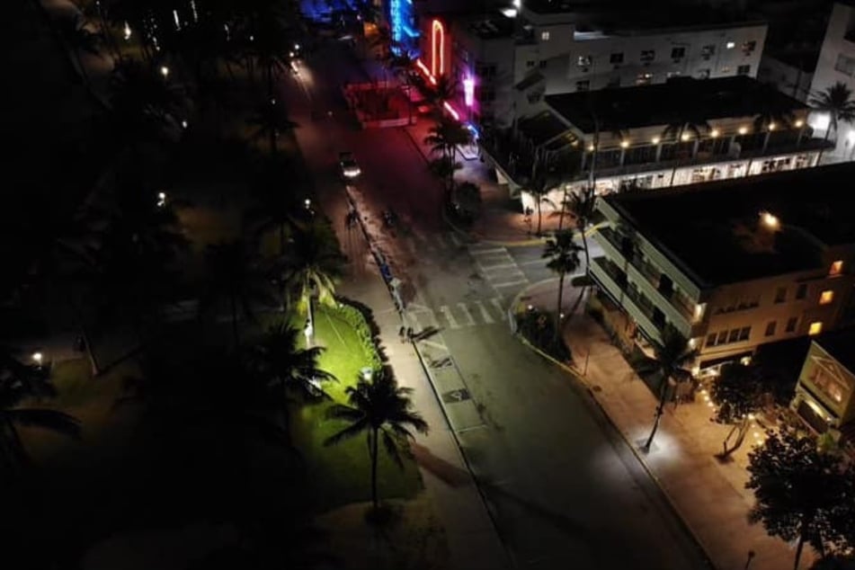 An aerial view from Ocean Drive and 8 Street after the 8 PM curfew came into place in Miami Beach.