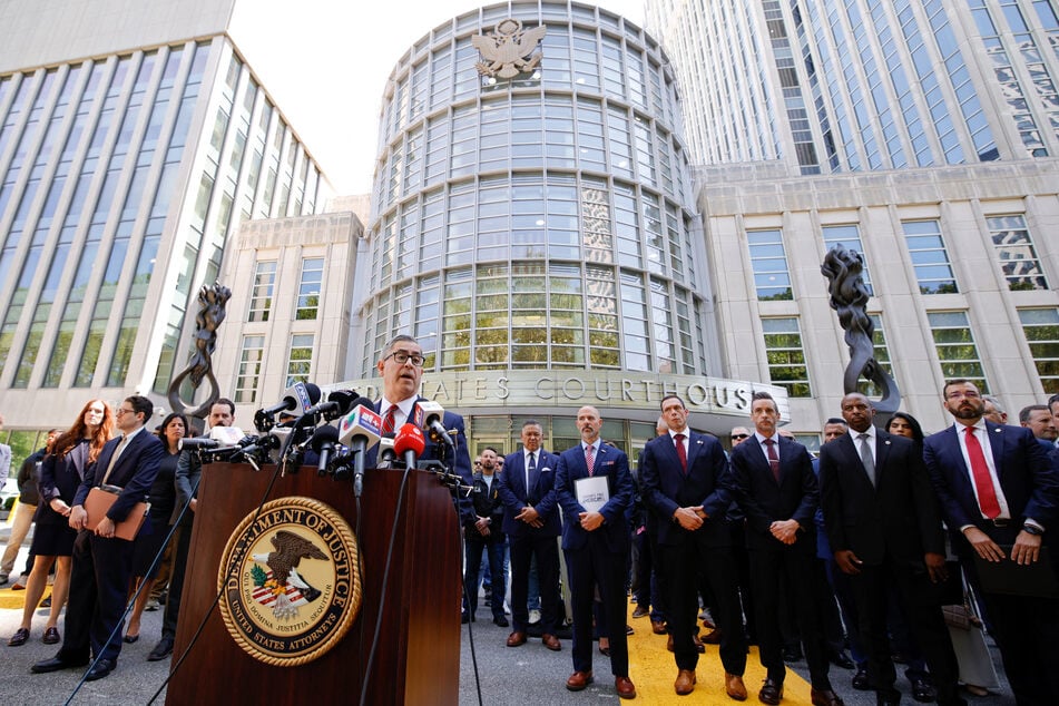 Joseph Nocella Jr., US Attorney for the Eastern District of New York, speaks to the press outside the federal courthouse in the Brooklyn borough of New York City on Monday, following the sentencing of Mexican drug lord Ismael "El Mayo" Zambada.