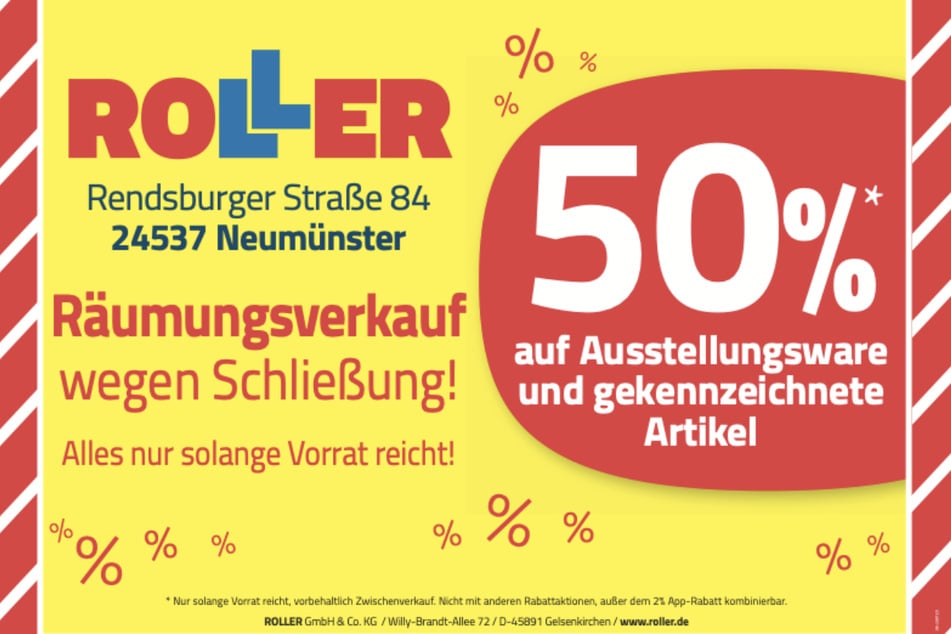 Während des Räumungsverkaufs bei ROLLER in Neumünster warten jetzt ganze 50 Prozent Rabatt¹ beim Möbelkauf.