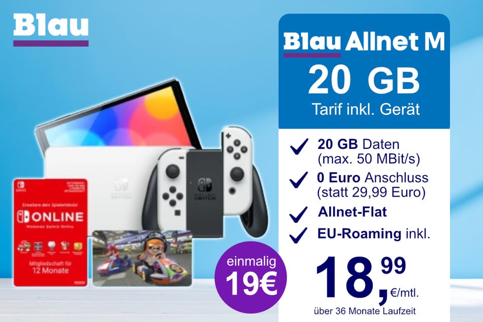 Die Nintendo Switch OLED + Mario Kart 8 im Blau Allnet M inkl. 20 GB für einmalig nur 19 Euro.