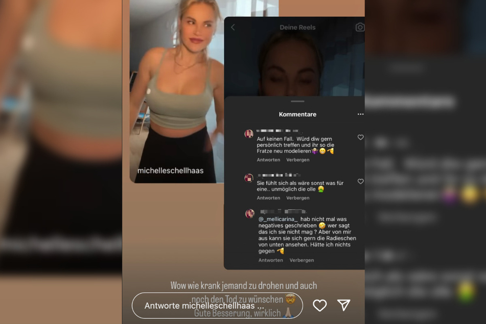 Das Bild zeigt einen Screenshot der Instagram-Story, mit welcher Michelle Schellhaas den gegen sie ausgesprochenen Todeswunsch öffentlich machte.