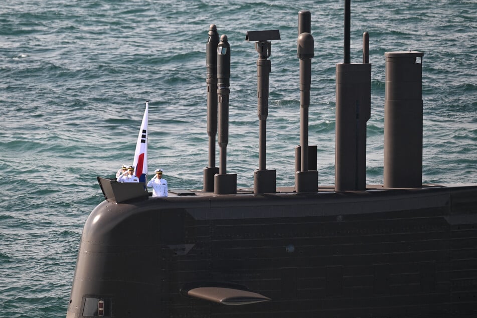 The South Korean Navy submarine Shin Chaeho participates in the South Korean Navy Fleet Review off the southern port city of Busan on September 26, 2025.