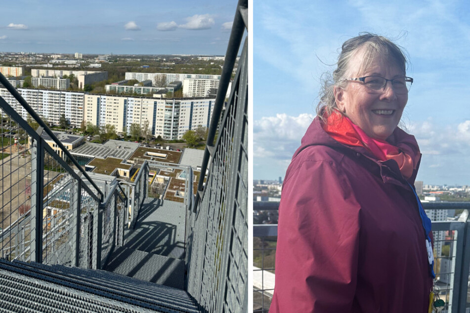 Dr. Irena Stobbe (70) lebt seit 40 Jahren in dem Haus und führt Besuchende auf die Aussichtsplattform in 70 Metern Höhe.