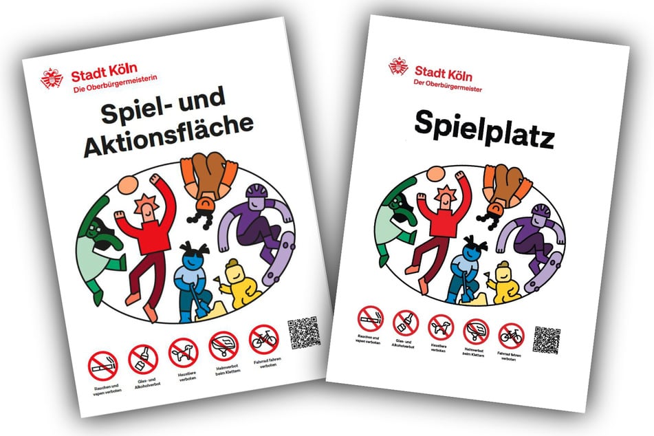 Köln zeigt sein neues Spielplatz-Schild (r.) im Vergleich zum ersten und umstrittenen Entwurf (l.).