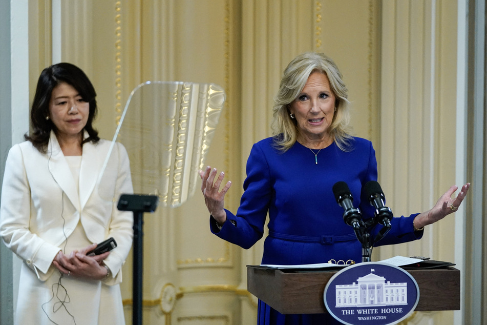 Yuko Kishida (l.),wife of Japanese Prime Minister Fumio Kishida, listens to First Lady Jill Biden (r.) speak during a Spousal Program with local high school students at the main library of the Eisenhower Executive Office Building in Washington, DC on Wednesday.
