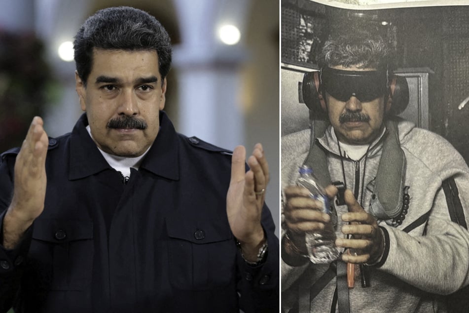 US President Donald Trump shared a photo on social media (r.) of Venezuelan President Nicolas Maduro "on board the USS Iwo Jima" amphibious assault ship in the Caribbean Sea on January 3, 2026.