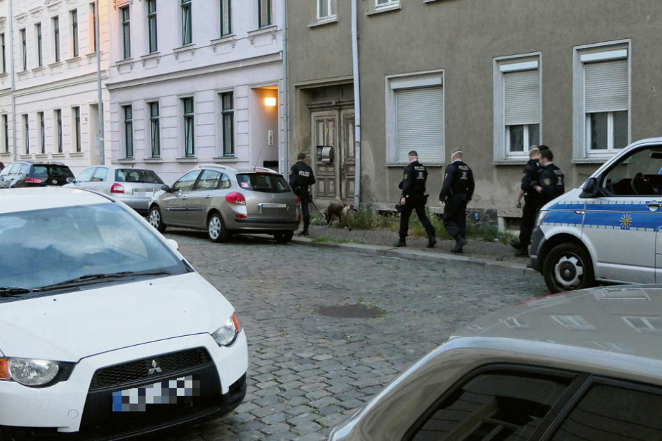 Mit einem Fährtenhund gehen Polizisten den Weg vor dem Mehrfamilienhaus entlang, in dem der Tote gefunden wurde.