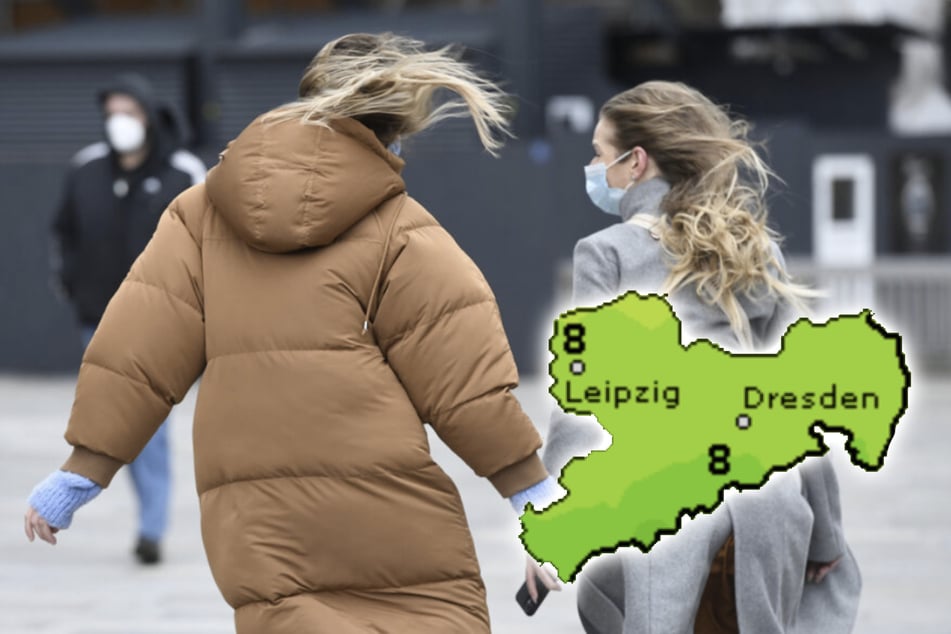 Zwei Frauen kämpfen gegen den Wind an. In ganz Sachsen wird es diese Woche etwas ungemütlich.