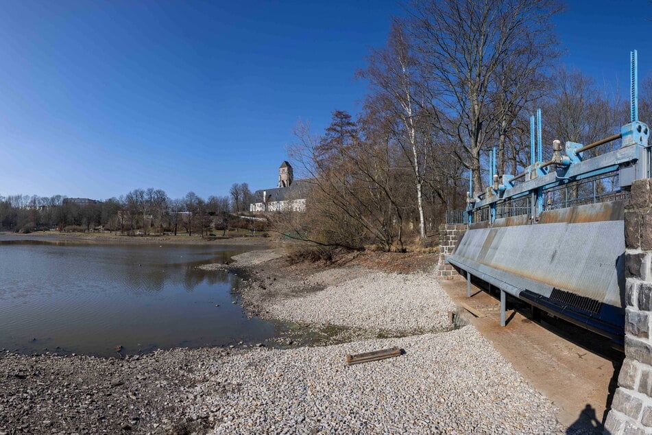 Für die Reparaturarbeiten wurde das Wasser des Schlossteiches bis auf einen kleinen Rest komplett abgelassen.