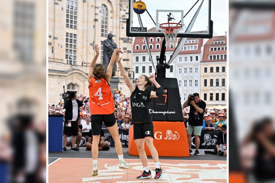 Vor der Frauenkirche nicht zu bremsen: Britta Daub (Nr. 4) und ihre Birdgang holten sich vor "Gänsehaut"-Kulisse den DM-Titel im 3x3-Basketball.