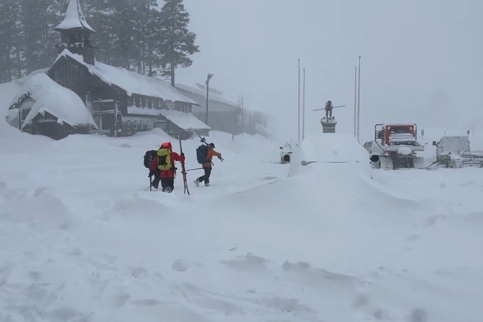 A rescue ski team makes its way to the area of an avalanche in the Castle Peak area of Truckee, California, on February 17, 2026.