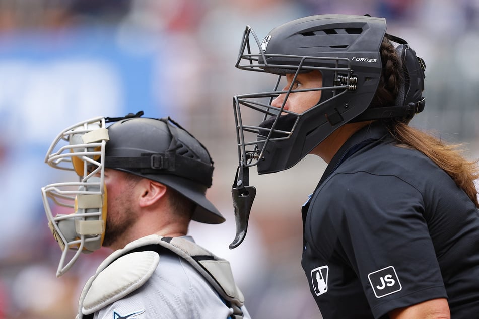 Umpire Jen Pawol makes a call during the game between the Miami Marlins and Atlanta Braves at Truist Park on August 10, 2025.