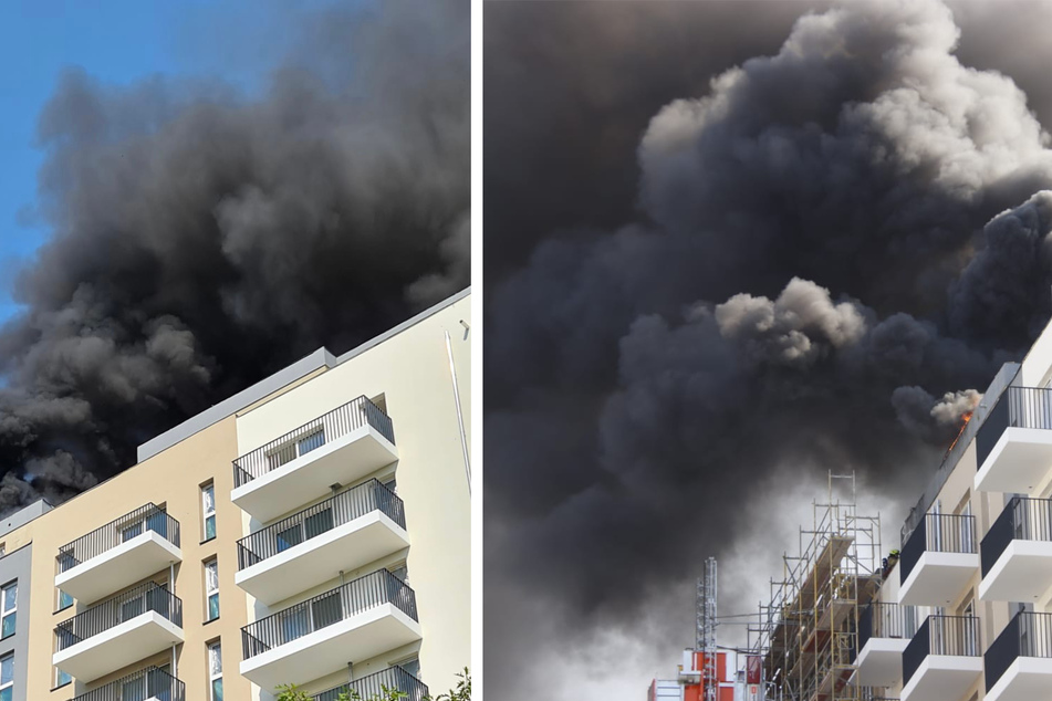 Berlin: Fette Rauchschwaden in Marzahn: Feuer auf Wohnhaus-Dach