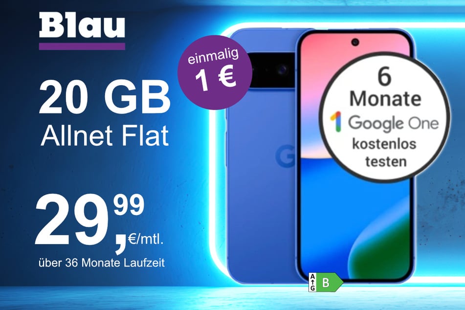 Das Google Pixel 10 im Blau Allnet M für einmalig 1 Euro.