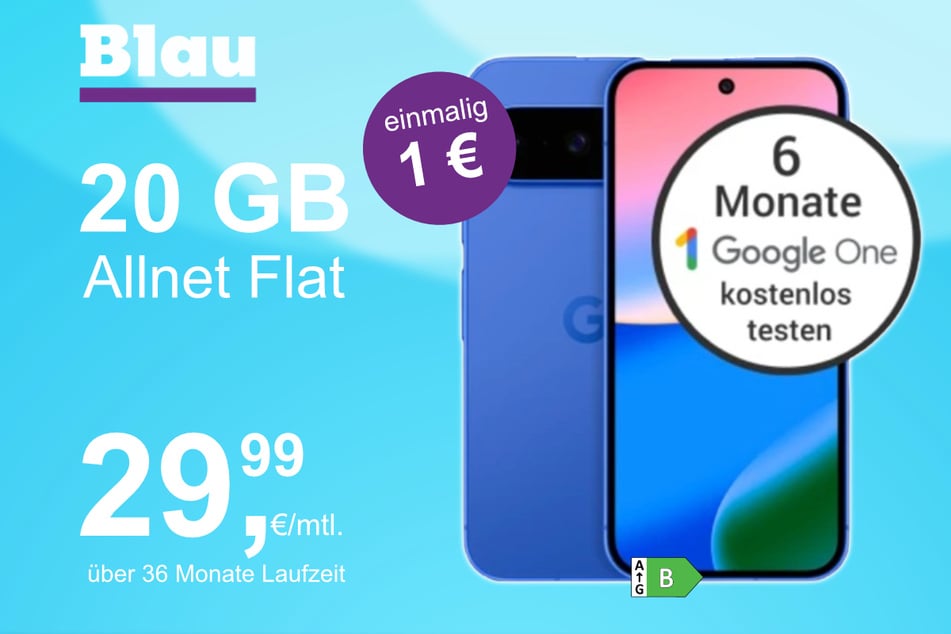 Das Google Pixel 10 im Blau Allnet M für einmalig 1 Euro.